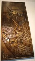 картина резная "охотник в лодке", темный лак,  натуральное дерево 305*695 мм, банный эксперт